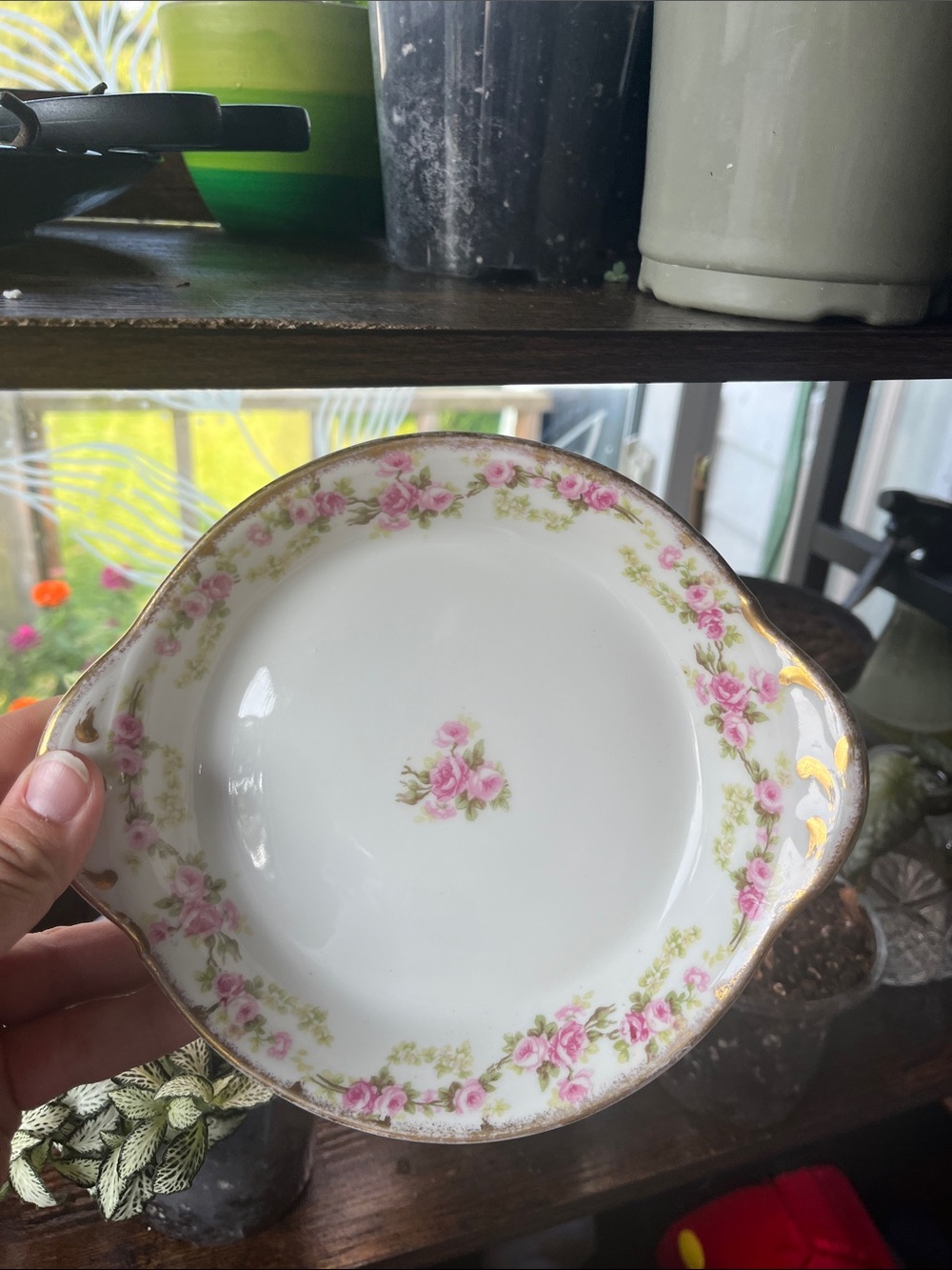 Limoges White Porcelain Dish with Pink Rose Garland and Gold Trim